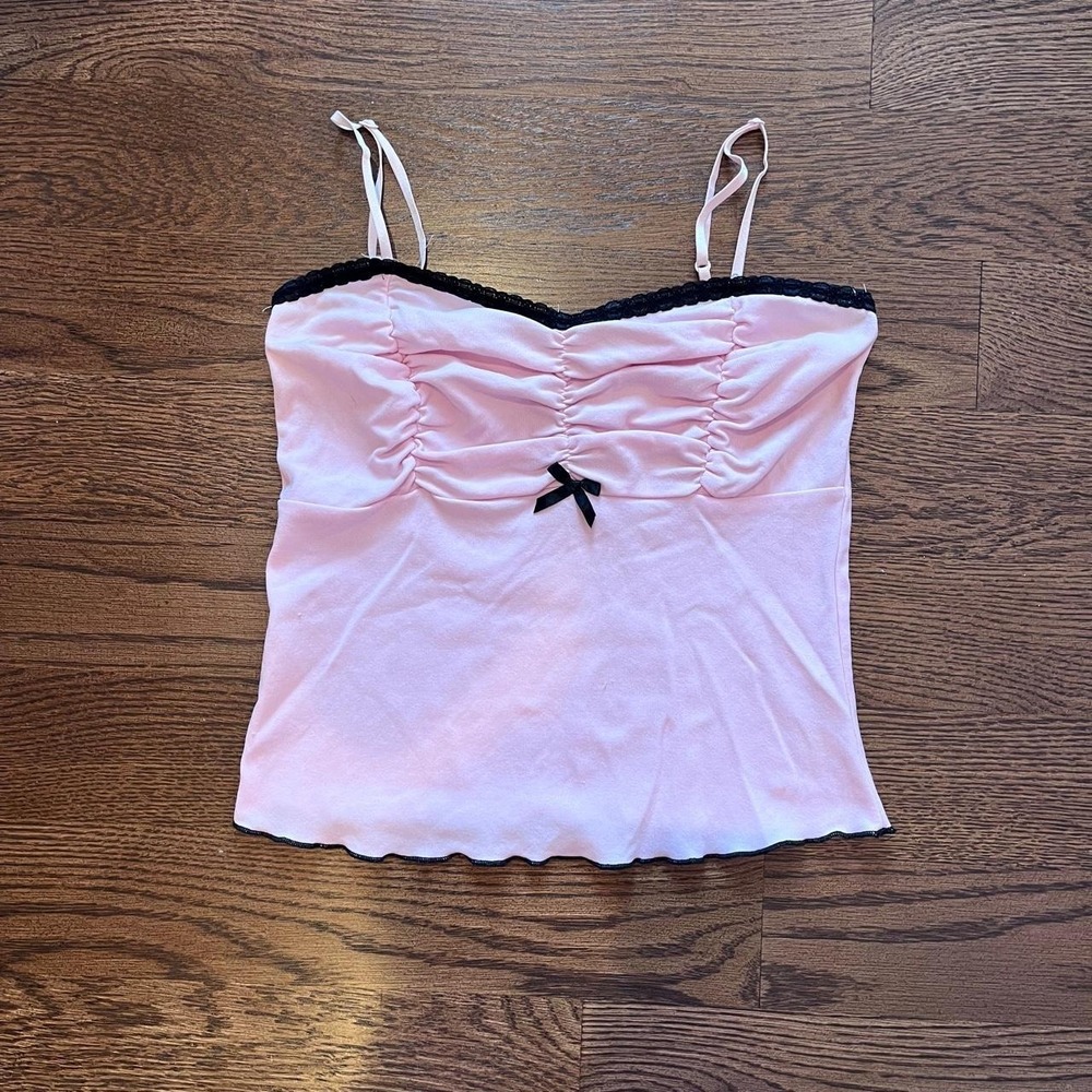 y2k pink and black‎ lace trim ruffle cinched bow detail tank small